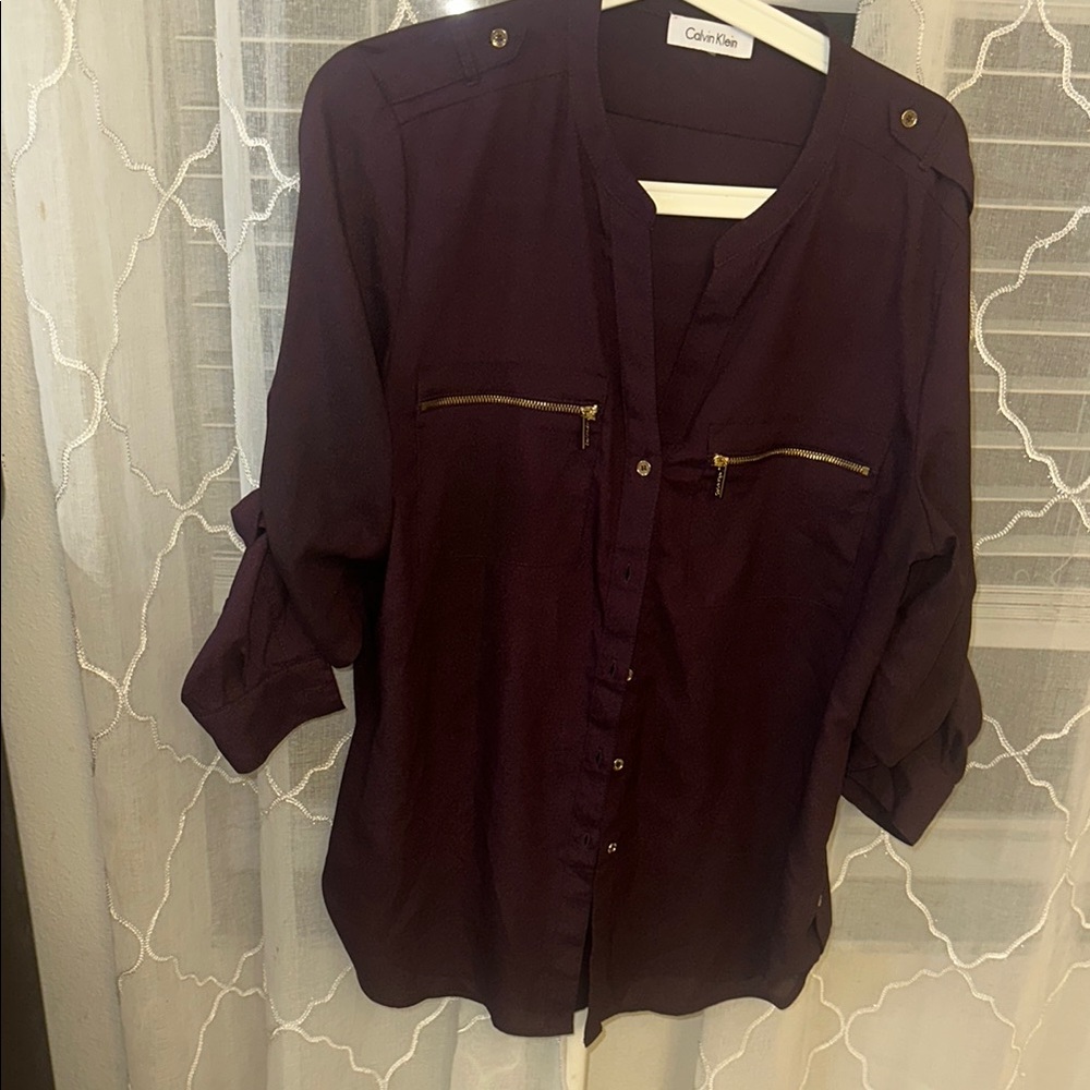 Calvin Klein Red Blouse with Mandarin Collar and 3/4 Cuffed Sleeves